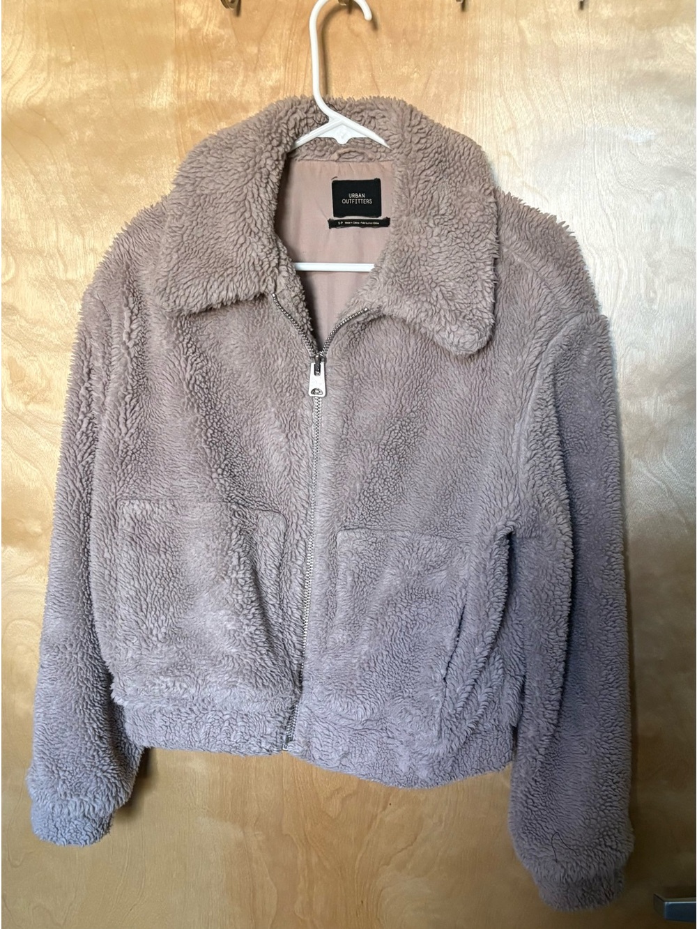Urban Outfitters Taupe Teddy Bomber Jacket Full Zip Sherpa Fleece Collared Cozy